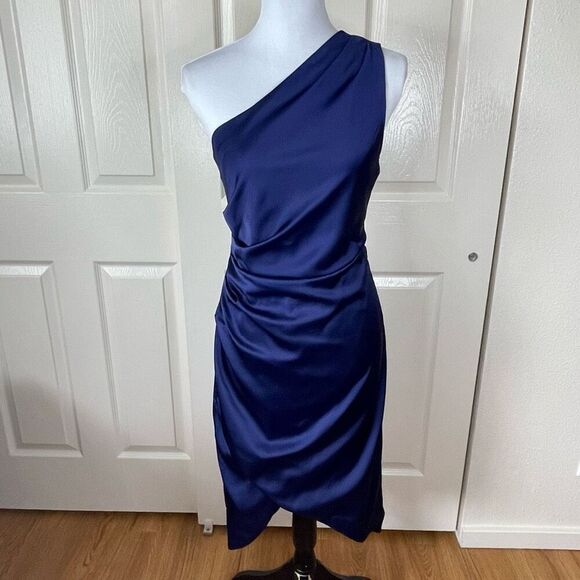 Banana Republic Factory One Shoulder Satin Knee Length Dress Patriot Blue Size 2 - Picture 12 of 12